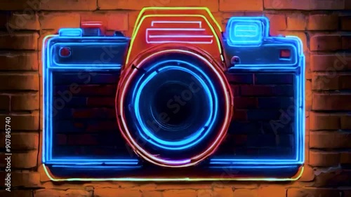 Vintage neon camera on a brick wall.  4K Video.