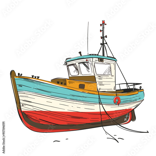 picturesque fishing boat vibrant colors, resting isolated white background, vintage wooden boat featuring blue, white, red hues, equipped nautical accessories. Classic fishing vessel, retro maritime