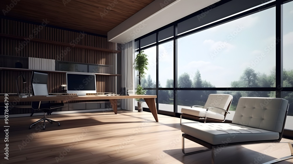 Fototapeta premium Modern Living Room with Panoramic View: Elegant and Stylish Interior Design