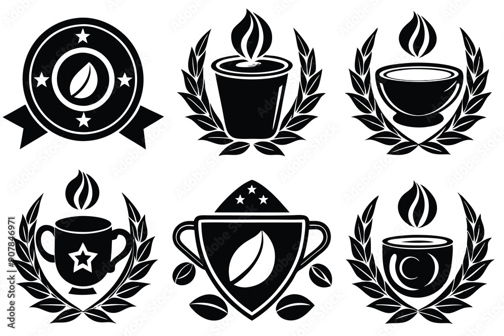 Set of Coffee Cups, Trophies and Awards with Laurel Wreaths Set of Coffee Cups, Trophies and Awards with Laurel Wreaths