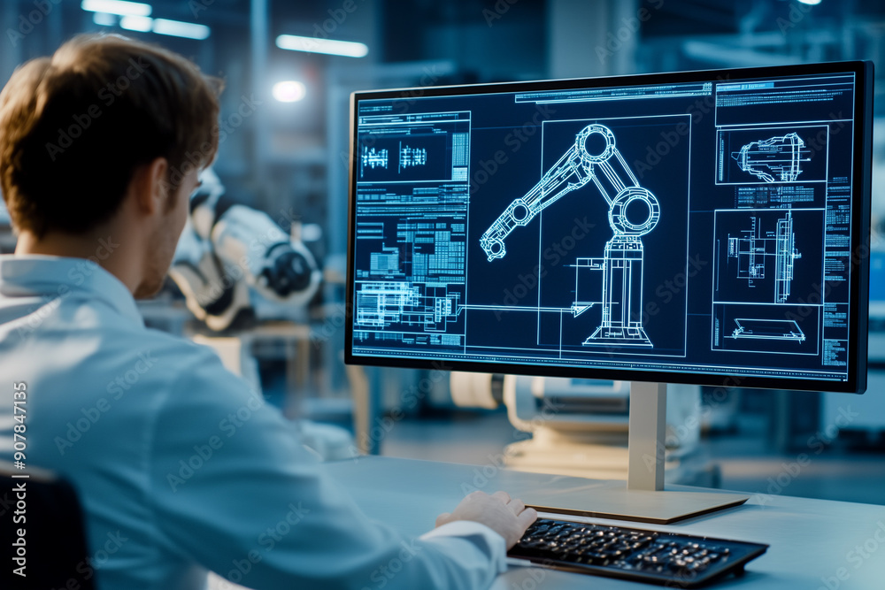 A man sitting at the computer, On the screen there is an industrial design blueprint of a robotic arm. In the background, we can see a dark factory with robots , Engineer control a robot A man sitting at the computer, On the screen there is an industrial design blueprint of a robotic arm. In the background, we can see a dark factory with robots , Engineer control a robot