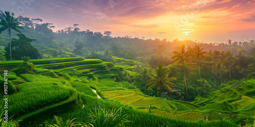 Sunrise over Lush Green Rice Terraces in Bali - Photo