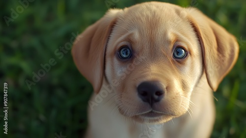 Cute labrador puppy, close-up portrait, big curious eyes, soft fur, adorable expression, green grass background, shallow depth of field, high-quality, detailed, 4k.