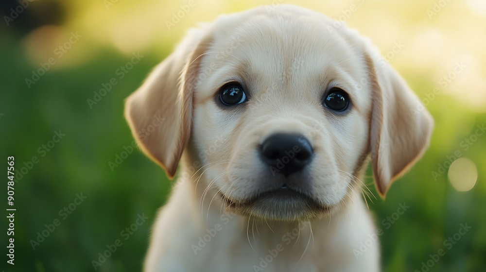 Cute labrador puppy, close-up portrait, big curious eyes, soft fur, adorable expression, green grass background, shallow depth of field, high-quality, detailed, 4k. Cute labrador puppy, close-up portrait, big curious eyes, soft fur, adorable expression, green grass background, shallow depth of field, high-quality, detailed, 4k.