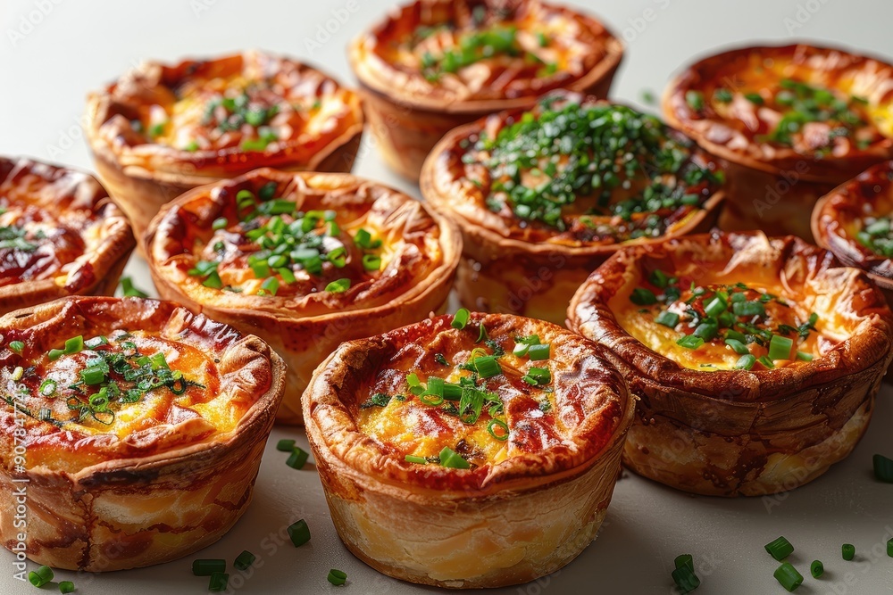 Delicious savory mini quiches topped with fresh chives, perfect for breakfast, brunch, or any meal. Homemade quality and flavor. Delicious savory mini quiches topped with fresh chives, perfect for breakfast, brunch, or any meal. Homemade quality and flavor.