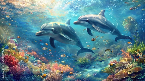 Fototapeta Naklejka Na Ścianę i Meble -  Two dolphins swim over a coral reef. The image is perfect for websites, social media, or print that focuses on ocean life, marine animals, or nature.