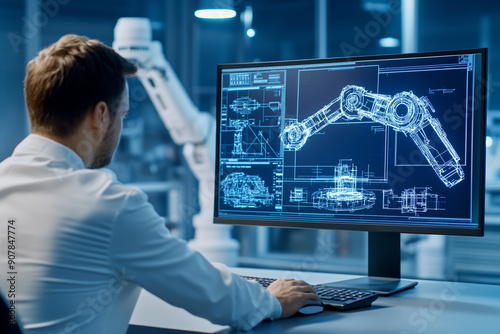 A man sitting at the computer, On the screen there is an industrial design blueprint of a robotic arm. In the background, we can see a dark factory with robots , Engineer control a robot 