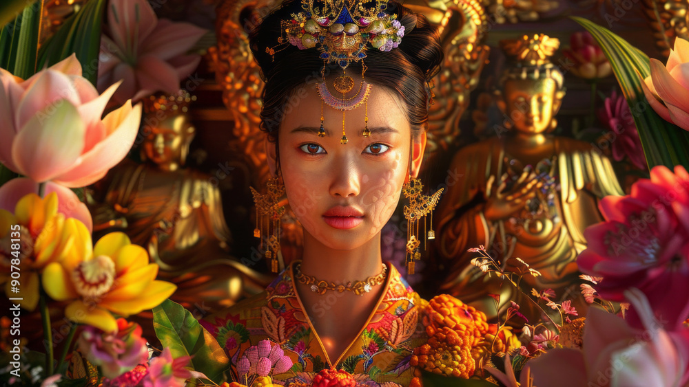 Fototapeta premium Regal Portrait of an Asian Queen with Golden Accents and Flowers