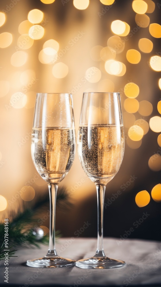 Two champagne glasses filled with sparkling wine, placed on a table with a festive bokeh background. Two champagne glasses filled with sparkling wine, placed on a table with a festive bokeh background.