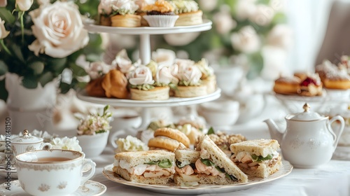 Elegant afternoon tea spread, focus on plate of triangle sandwiches, various fillings, fresh ingredients, floral arrangement with pale roses, white porcelain teacups and teapot.