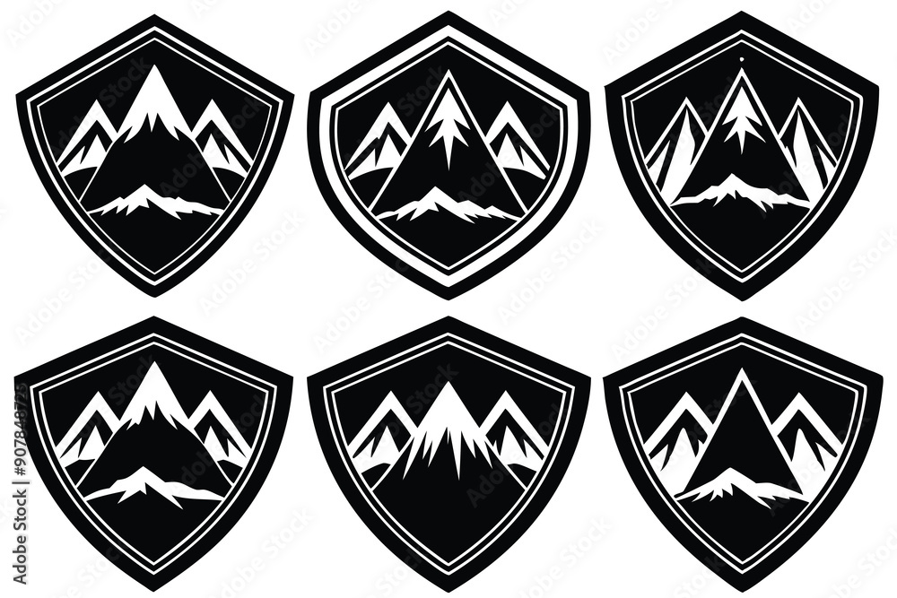 Six Black and White Mountain Range Shield Logos Six Black and White Mountain Range Shield Logos