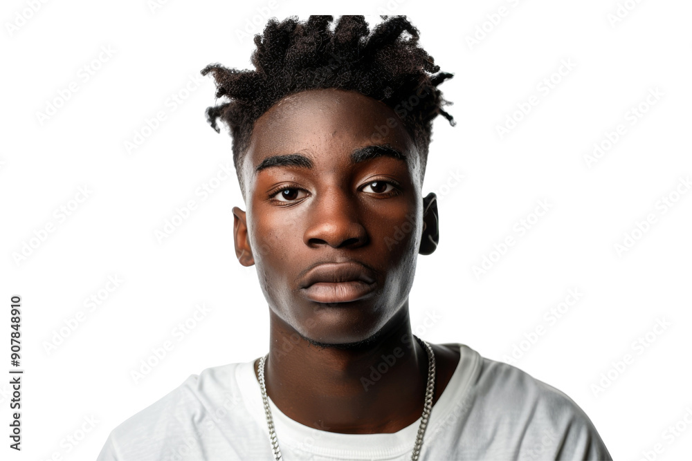 Young African American male looking at camera with a confident expression Isolated on white background Young African American male looking at camera with a confident expression Isolated on white background