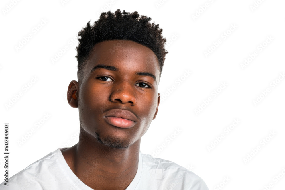 Young African American male looking at camera with a confident expression Isolated on white background Young African American male looking at camera with a confident expression Isolated on white background