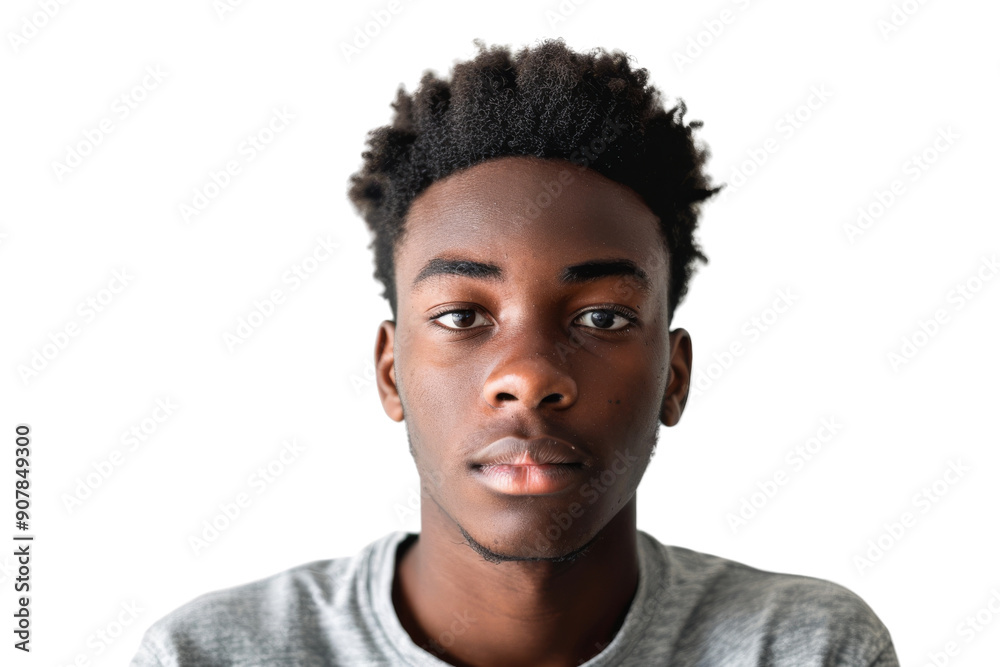 Fototapeta premium Young African American male looking at camera with a calm expression Isolated on white background