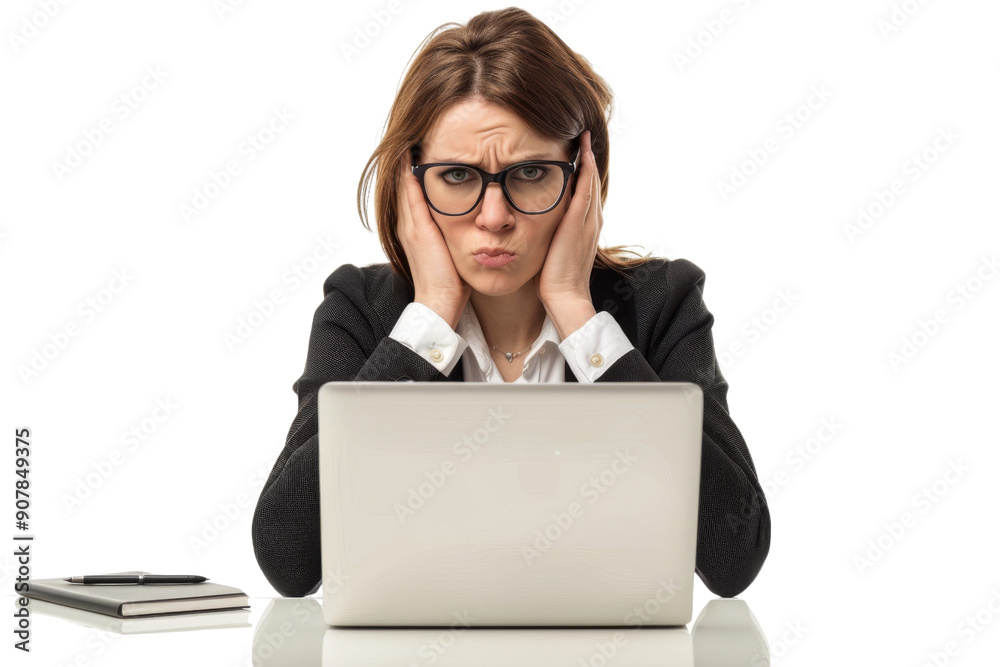 Worried businesswoman working on laptop, isolated on white background Worried businesswoman working on laptop, isolated on white background