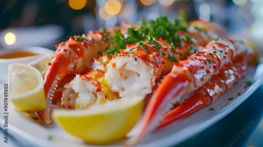 Gourmet seafood platter, steamed king crab legs, bright red shells, white ceramic plate, lemon wedges, fresh parsley garnish, melted butter, fine dining presentation, succulent crab meat. Gourmet seafood platter, steamed king crab legs, bright red shells, white ceramic plate, lemon wedges, fresh parsley garnish, melted butter, fine dining presentation, succulent crab meat.