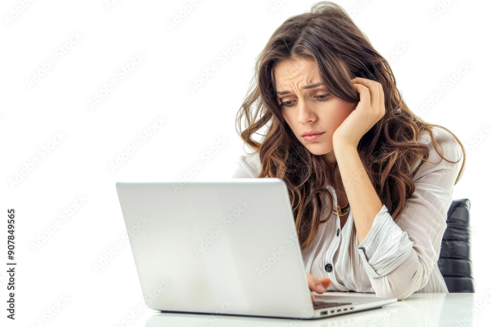 Worried businesswoman working on laptop, isolated on white background Worried businesswoman working on laptop, isolated on white background