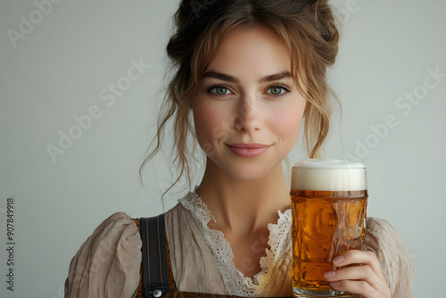 At a beer festival, woman in Oktoberfest dirndls and skirts stand outside, facing the camera photo