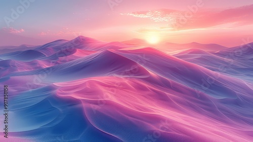 A stunning surreal landscape of wavy pink and purple sand dunes at sunrise, creating a dreamy and ethereal atmosphere.