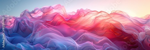 A vibrant and colorful abstract landscape resembling gentle waves made of fabric with a warm sunrise glow in the background.