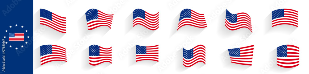 Set of icons developing american flag. Flat style of usa flag hovering in the air.