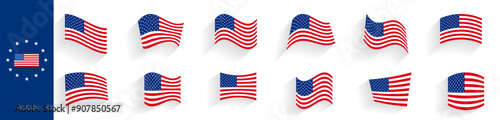 Set of icons developing american flag. Flat style of usa flag hovering in the air.