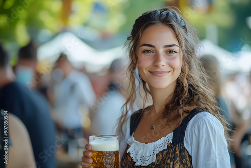 Outside at a beer festival, woman with long hair smiling,  dressed in dirndls and skirts pose for the camera. photo