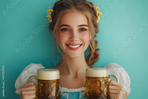 Beautiful woman with braids and blond hair, wearing German dirndls and skirts, holding a pint of beer, looking at the camera against a bright background photo