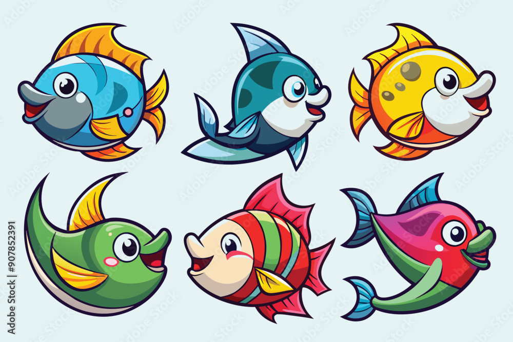 Fototapeta premium Six Cartoon Fish Swimming in Various Colors and Poses