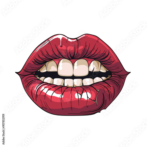 Wallpaper Mural Brightly colored red lips illustration, isolated white background, glossy lip texture, slightly open mouth, revealing teeth, artistic style, vibrant visual, be used cosmetics, fashion, pop art Torontodigital.ca