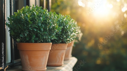 On the balcony, young boxwood bushes are growing in flower pots.