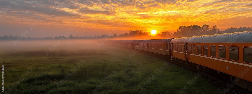 Serene Journey. Peaceful morning train ride through misty countryside Serene Journey. Peaceful morning train ride through misty countryside