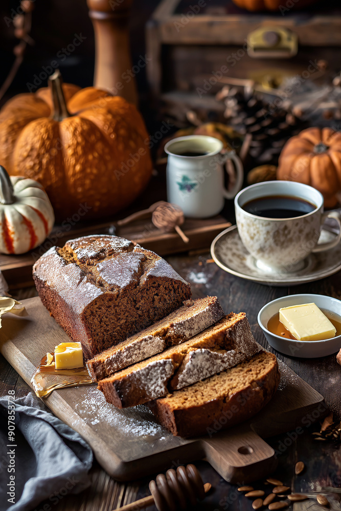 A rustic Thanksgiving scene with a pumpkin bread, sliced and ready to be served, accompanied by butter, honey, and a steaming cup of coffee, with pumpkins and fall decorations in the background. A rustic Thanksgiving scene with a pumpkin bread, sliced and ready to be served, accompanied by butter, honey, and a steaming cup of coffee, with pumpkins and fall decorations in the background.
