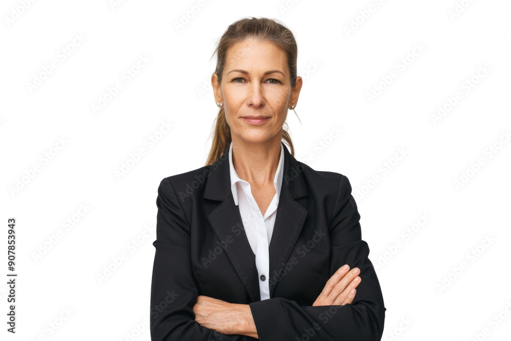 Successful middle aged businesswoman with ponytail in formal attire Isolated on white background Successful middle aged businesswoman with ponytail in formal attire Isolated on white background