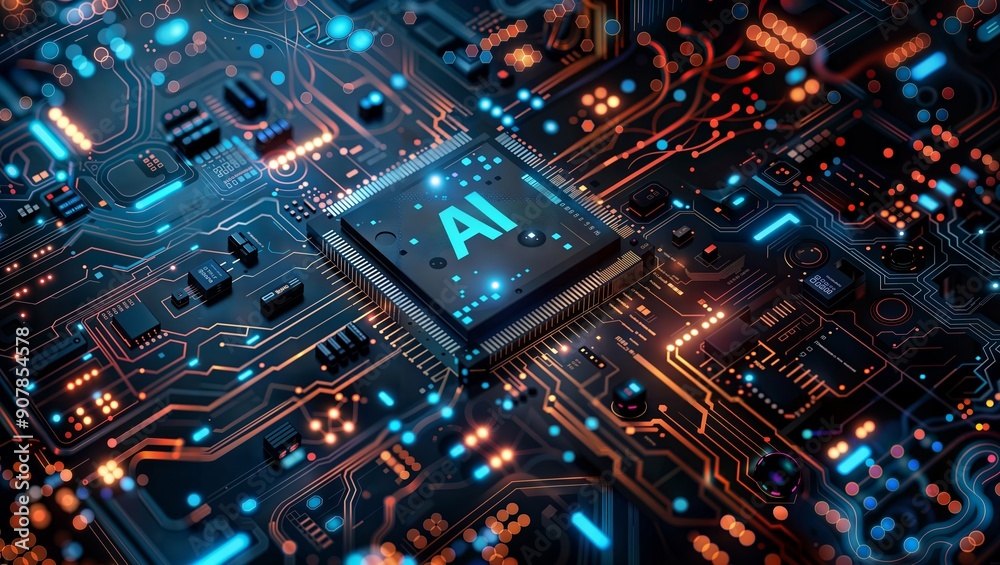 AI Circuitry. Close-up of a glowing AI circuit board with integrated components.
