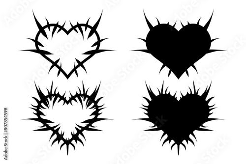 Hearts with spikes in goth, punk, emo style. Set of abstract love logo concept. Neo tribal hearts. Vector illustration isolated on white background.