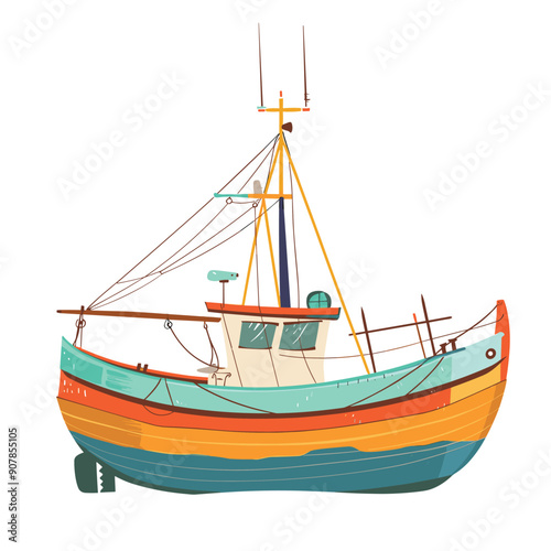 Colorful fishing boat docked harbor trip isolated. Vibrant trawler wooden vessel sailing coastal sea artistic design. Nautical ship equipment lifelike details realistic art style illustration