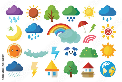 Colorful Weather Icons Set with Sun, Clouds, Rain, and Other Elements