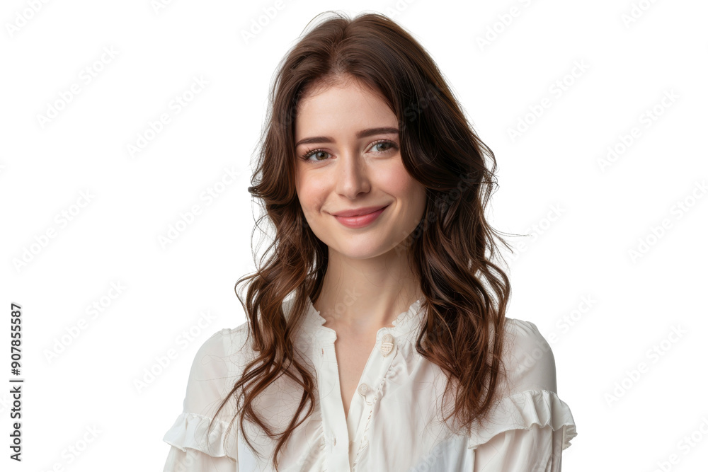 Smiling young woman with brown eyes crossing arms Isolated on white background Smiling young woman with brown eyes crossing arms Isolated on white background