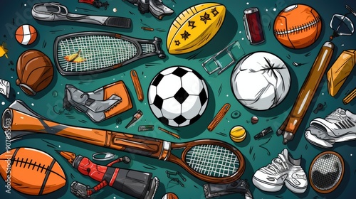 Doodle illustration of various sports equipment and symbols