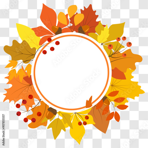 Autumn empty round orange frame with yellow leaves and red berries, vector. Form for autumn sale, discounts, tags, labels, advertising.