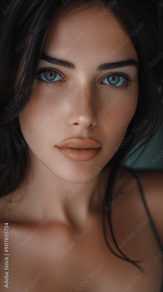 A stunning close-up portrait featuring a beautiful woman with green eyes, bare shoulders, fit body, and slightly freckled skin