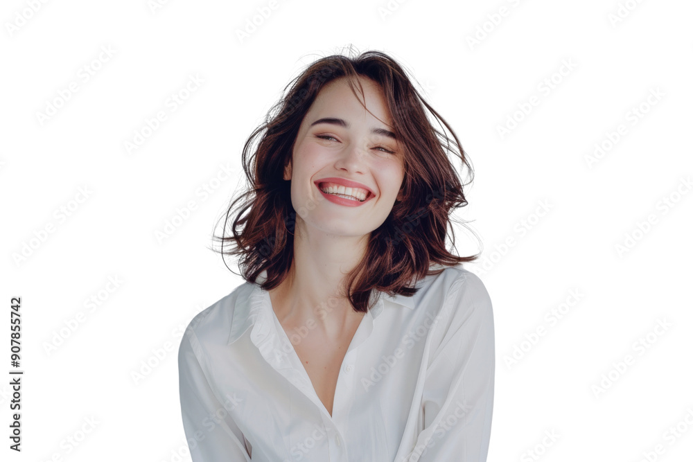 Smiling young woman with brown eyes crossing arms Isolated on white background Smiling young woman with brown eyes crossing arms Isolated on white background