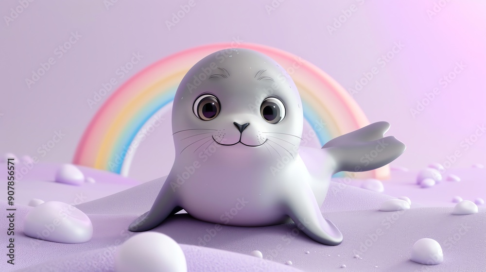 A cute cartoon seal with big eyes is sitting with a rainbow and bubbles in the background.