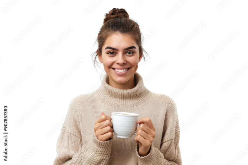 Smiling woman holding a cup of coffee and browsing online Isolated on white background Smiling woman holding a cup of coffee and browsing online Isolated on white background