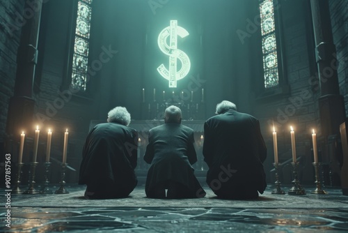 Businessmen kneeling in dimly lit room, facing glowing dollar symbol, symbolizing worship of money power and capitalism, money worship cult