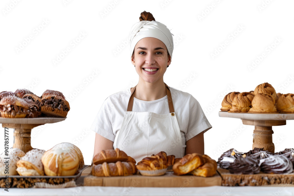 Smiling woman baker checking baked goods in the oven, isolated on white background Smiling woman baker checking baked goods in the oven, isolated on white background