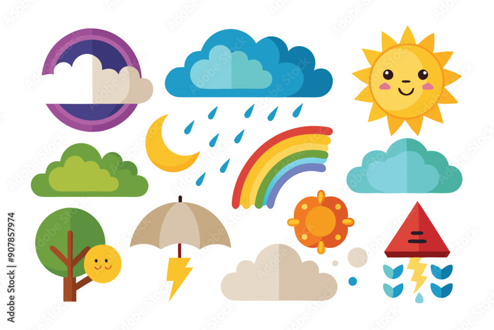 Colorful Weather Icons with Smiling Sun and Moon