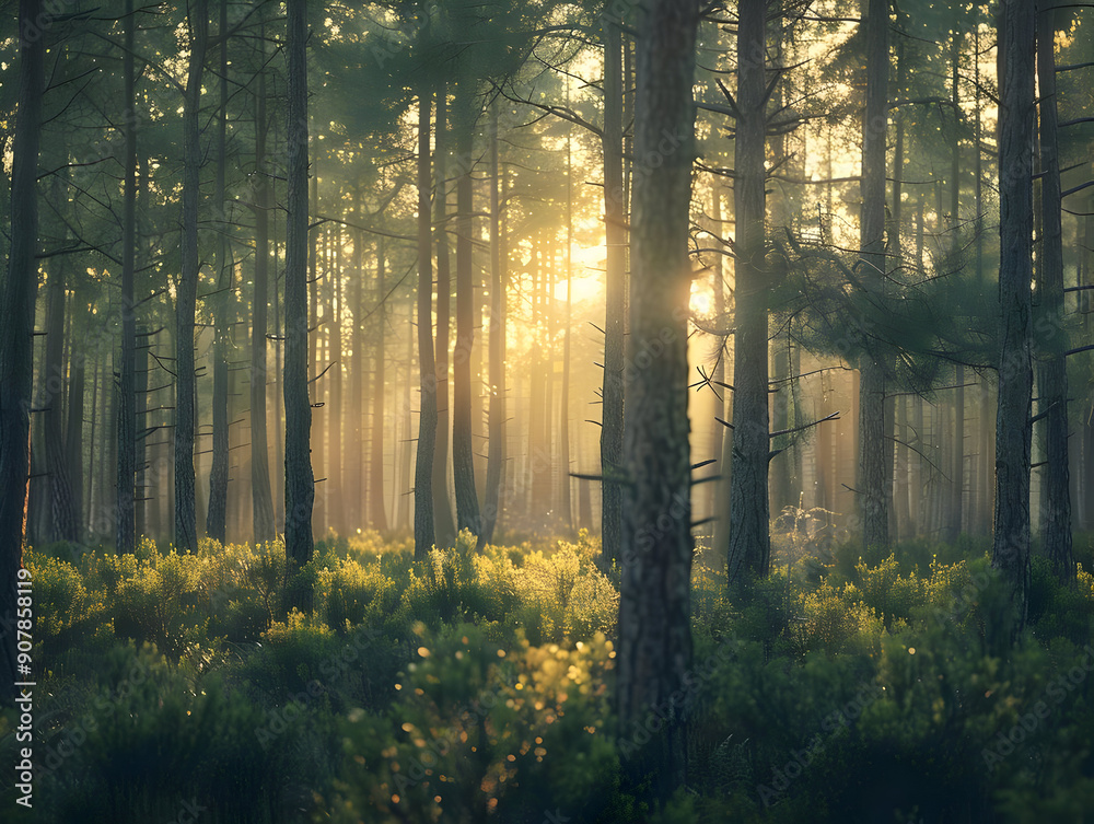 Obraz premium Sun Rays Through Forest Trees Photo