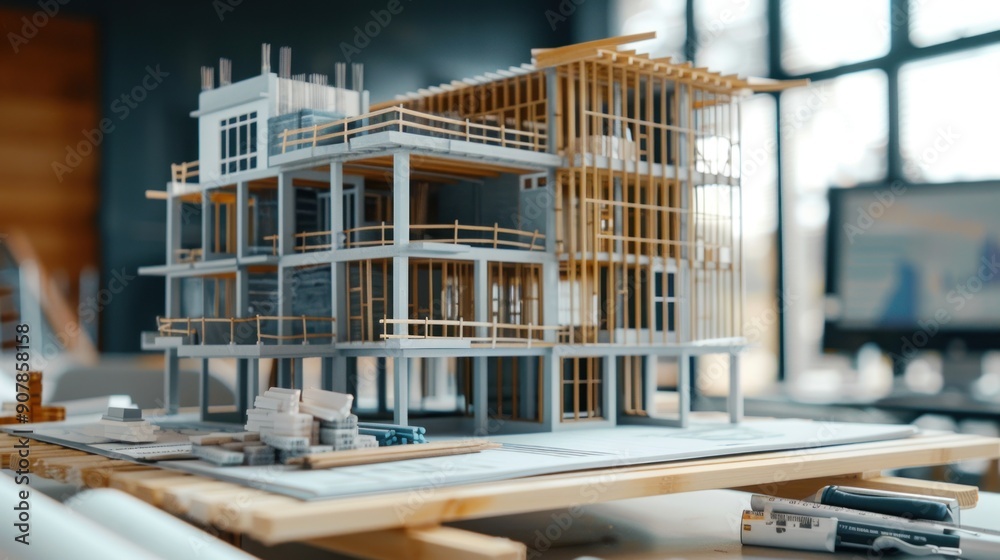 Generate a photo realistic image of a construction project displaying a budget management overview with detailed cost breakdowns and financial planning tools; ensure the image is of high resolution 